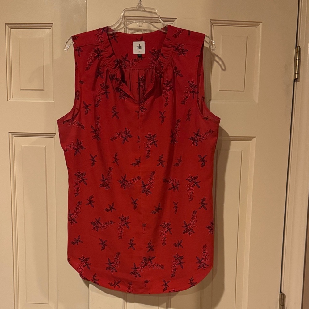 CAbi Red Sleeveless Blouse with Black Floral Pattern